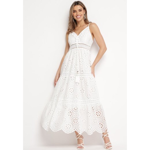 Biała Bawełniana Sukienka Maxi z Ażurowym Wzorem i Trójkątnym Dekoltem Partemia ONE SIZE okazja Born2be Odzież