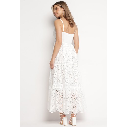 Biała Bawełniana Sukienka Maxi z Ażurowym Wzorem i Trójkątnym Dekoltem Partemia ONE SIZE wyprzedaż Born2be Odzież