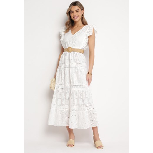 Biała Koronkowa Sukienka Maxi o Rozkloszowanym Fasonie z Falbankami Wilea ze sklepu Born2be Odzież w kategorii Sukienki - zdjęcie 168284613