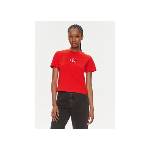 Calvin Klein Jeans T-Shirt Monologo Baby Tee J20J223113 Czerwony Slim Fit ze sklepu MODIVO w kategorii Bluzki damskie - zdjęcie 168510174