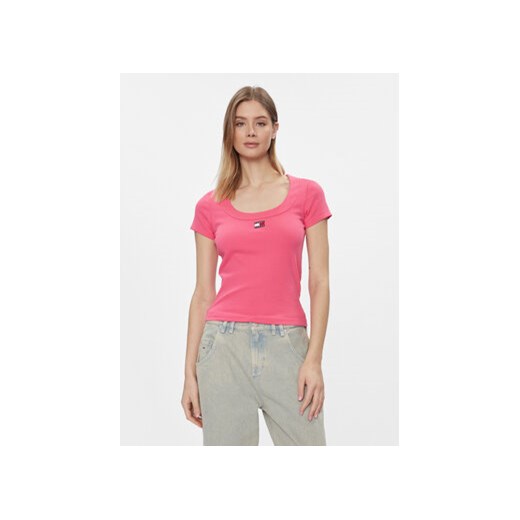 Tommy Jeans T-Shirt Tjw Slim Badge Rib Tee Ss DW0DW17396 Różowy Slim Fit ze sklepu MODIVO w kategorii Bluzki damskie - zdjęcie 168536894