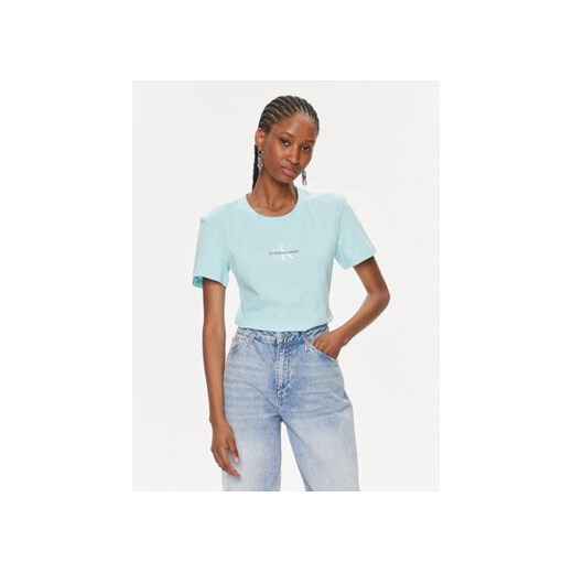 Calvin Klein Jeans T-Shirt Monologo Slim Tee J20J222564 Niebieski Slim Fit ze sklepu MODIVO w kategorii Bluzki damskie - zdjęcie 168645643