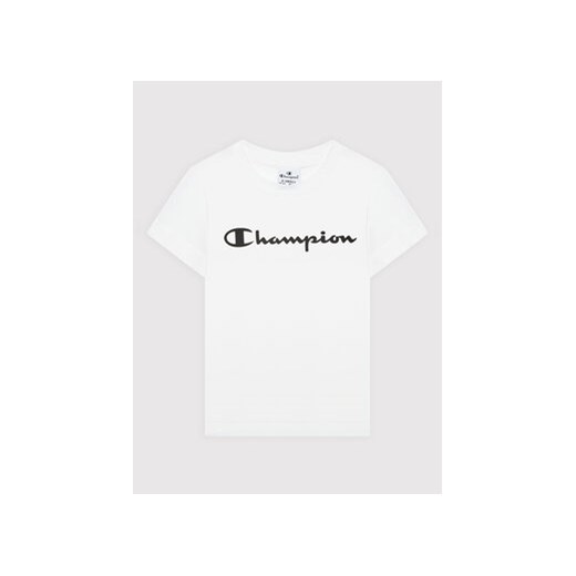 Champion T-Shirt Contrast Script Logo 404541 Biały Regular Fit ze sklepu MODIVO w kategorii T-shirty chłopięce - zdjęcie 168675381
