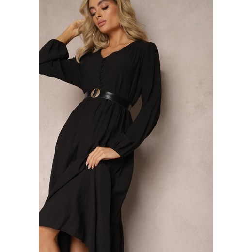 Czarna Rozkloszowana Sukienka Pudełkowa Maxi z Ozdobnymi Guzikami Nervatti ze sklepu Renee odzież w kategorii Sukienki - zdjęcie 168705462