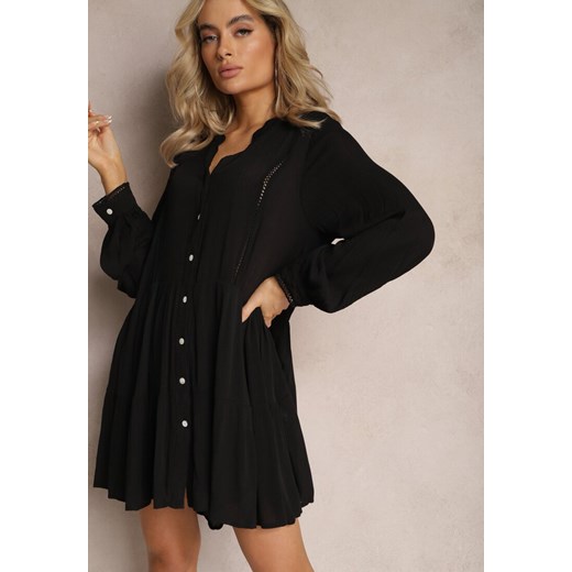 Czarna Rozkloszowana Sukienka Koszulowa Mini w Stylu Boho Binessa ze sklepu Renee odzież w kategorii Sukienki - zdjęcie 168705501