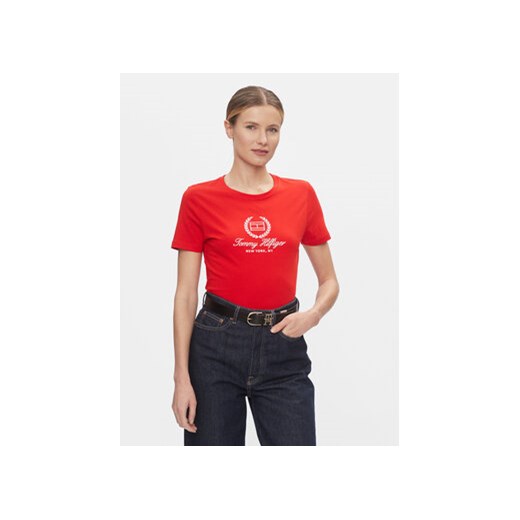 Tommy Hilfiger T-Shirt Flag Script WW0WW41761 Czerwony Slim Fit ze sklepu MODIVO w kategorii Bluzki damskie - zdjęcie 168734322