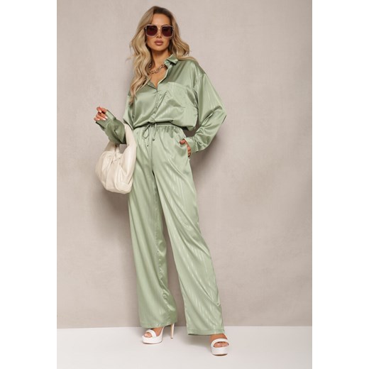 Zielone Szerokie Spodnie z Gumką w Talii i Błyszczącym Wzorem w Paski Zoyama ze sklepu Renee odzież w kategorii Spodnie damskie - zdjęcie 168736451
