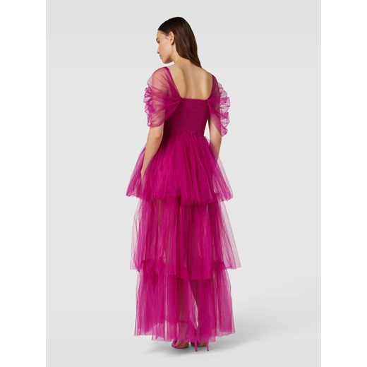 Sukienka Lace & Beads różowa z koronką wieczorowa z krótkimi rękawami 