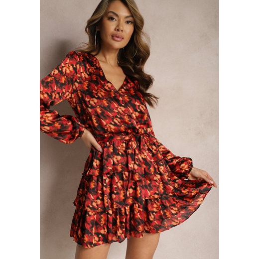 Czerwono-Pomarańczowa Kopertowa Sukienka Ozdobiona Falbankami i Abstrakcyjnym Wzorem Savonia ze sklepu Renee odzież w kategorii Sukienki - zdjęcie 168814701