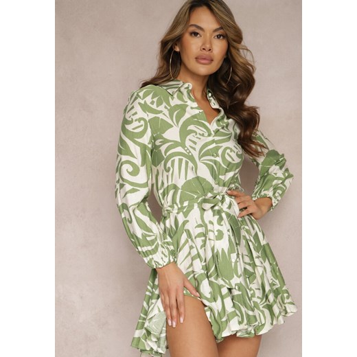 Zielona Sukienka Mini o Rozkloszowanym Fasonie z Paskiem i Oryginalnym Wzorem Grinia ze sklepu Renee odzież w kategorii Sukienki - zdjęcie 168814801