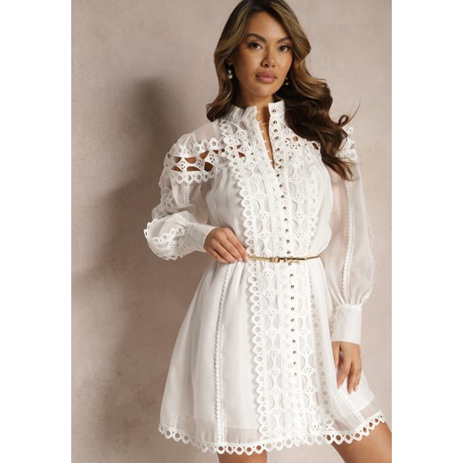 Biała Koszulowa Sukienka Mini z Paskiem Zdobiona Koronką Organdi ze sklepu Renee odzież w kategorii Sukienki - zdjęcie 168814931