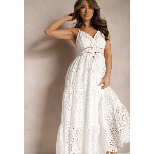 Biała Rozkloszowana Sukienka z Bawełny z Ażurowym Zdobieniem i Sznurkiem Aoralia ze sklepu Renee odzież w kategorii Sukienki - zdjęcie 168815212