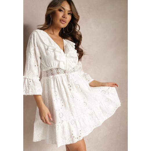 Biała Mini Sukienka z Bawełny Ozdobiona Haftami i Koronką Qirelia ze sklepu Renee odzież w kategorii Sukienki - zdjęcie 168815232