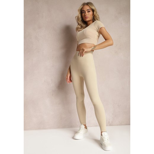 Beżowe Legginsy Prążkowane z Efektem Push-Up High Waist Firale ze sklepu Renee odzież w kategorii Spodnie damskie - zdjęcie 168815281