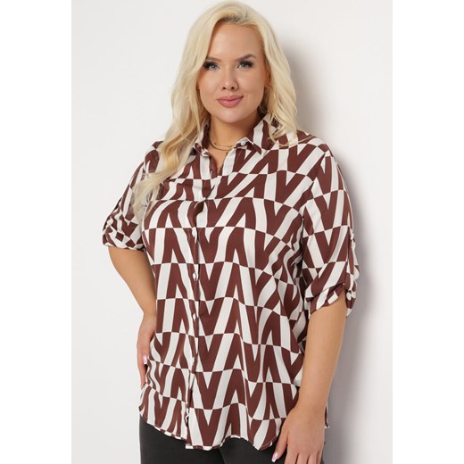 Brązowo-Beżowa Koszula w Geometryczny Wzór o Luźnym Kroju Tarnie ze sklepu Born2be Odzież w kategorii Koszule damskie - zdjęcie 168816421