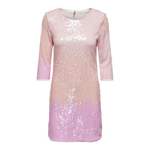 Sukienka różowa ONLY prosta z aplikacjami  z okrągłym dekoltem mini z długim rękawem 