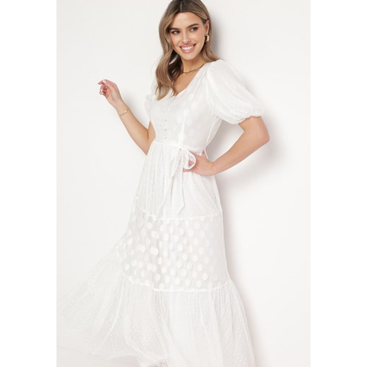 Biała Tiulowa Sukienka Maxi z Paskiem Falbankami i Bufiastymi Rękawami Zelari ze sklepu Born2be Odzież w kategorii Sukienki - zdjęcie 168842190