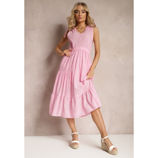 Różowa Rozkloszowana Sukienka Midi z Bawełny Ozdobiona Haftem z Troczkiem w Pasie Tuvina ze sklepu Renee odzież w kategorii Sukienki - zdjęcie 168846874