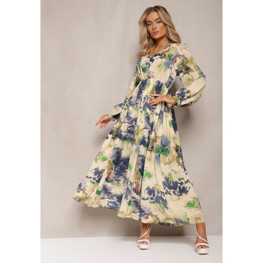 Beżowo-Granatowa Rozkloszowana Sukienka Maxi w Abstrakcyjny Wzór z Guzikami Tiritta ze sklepu Renee odzież w kategorii Sukienki - zdjęcie 168930712