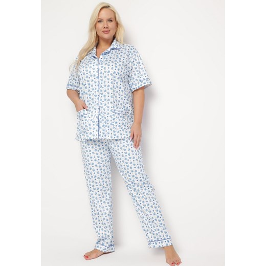 Niebiesko-Biały Bawełniany Komplet Piżamowy Koszula z Guzikami i Spodnie Lirvena ze sklepu Born2be Odzież w kategorii Piżamy damskie - zdjęcie 168935334
