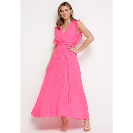 Różowa Plisowana Sukienka Maxi Wiskozowa z Kopertowym Dekoltem i Falbankami Glimes ze sklepu Born2be Odzież w kategorii Sukienki - zdjęcie 168935474