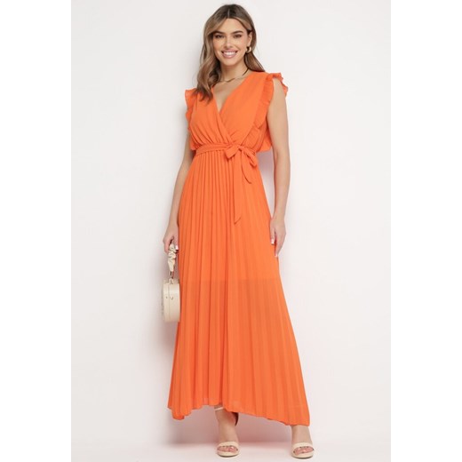 Pomarańczowa Plisowana Sukienka Maxi Wiskozowa z Kopertowym Dekoltem i Falbankami Glimes ze sklepu Born2be Odzież w kategorii Sukienki - zdjęcie 168935481