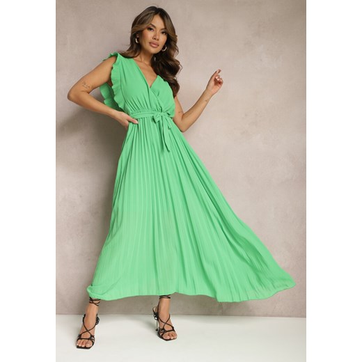 Zielona Wiskozowa Sukienka Maxi z Plisowaniem o Rozkloszowanym Kroju i Kopertowym Dekolcie Fliceris ze sklepu Renee odzież w kategorii Sukienki - zdjęcie 168935802