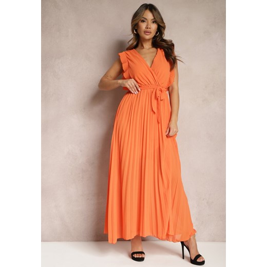 Pomarańczowa Wiskozowa Sukienka Maxi z Plisowaniem o Rozkloszowanym Kroju i Kopertowym Dekolcie Fliceris ze sklepu Renee odzież w kategorii Sukienki - zdjęcie 168935812