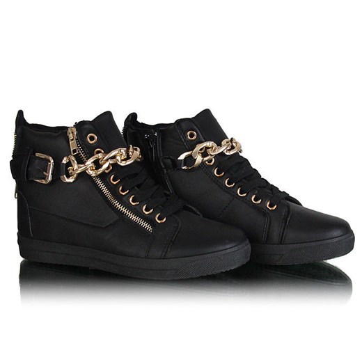Płaskie czarne sneakersy z łańcuchem /E6-2 W209 Sel10x5/ pantofelek24 czarny skóra