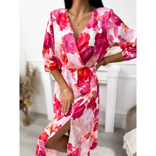 Sukienka Modnakiecka.pl z długim rękawem wielokolorowa w serek 