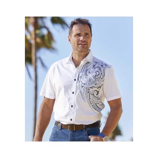 Popelinowa, biała koszula z polinezyjskim nadrukiem ze sklepu Atlas For Men w kategorii Koszule męskie - zdjęcie 168977860
