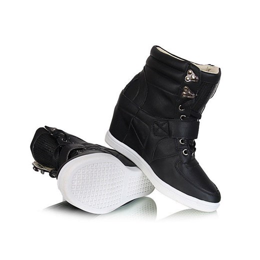 Sneakersy na koturnie złote dodatki /D7-3 U173 tp1x5/ Black pantofelek24 czarny na rzepy