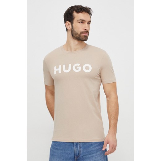 HUGO t-shirt bawełniany męski kolor beżowy z nadrukiem 50467556 ze sklepu ANSWEAR.com w kategorii T-shirty męskie - zdjęcie 168981771
