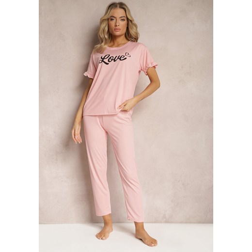 Różowy 2-Częściowy Komplet Piżamowy Koszulka z Napisem i Proste Spodnie Niela ze sklepu Renee odzież w kategorii Piżamy damskie - zdjęcie 168988292