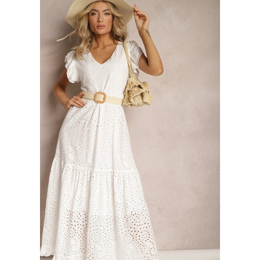 Biała Rozkloszowana Sukienka Bawełniana Maxi z Ażurowym Haftem i Falbankami Reflecia ze sklepu Renee odzież w kategorii Sukienki - zdjęcie 168988340