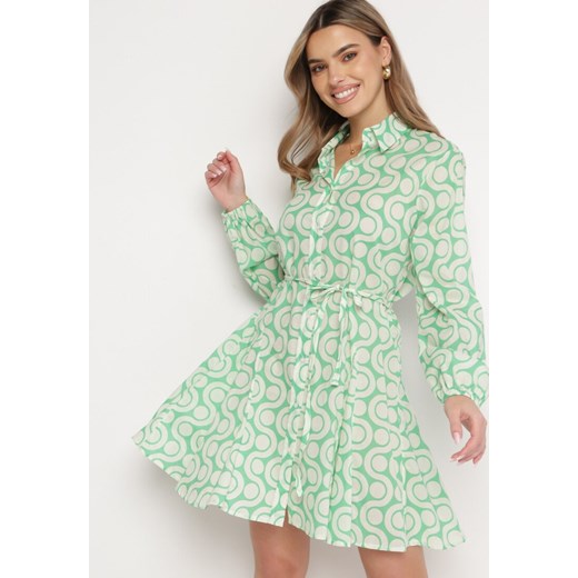 Zielono-Beżowa Bawełniana Sukienka Mini w Geometryczny Wzór Frenia ze sklepu Born2be Odzież w kategorii Sukienki - zdjęcie 168988634