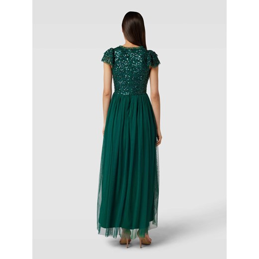 Sukienka zielona Lace & Beads maxi z krótkim rękawem z tiulu z dekoltem v 