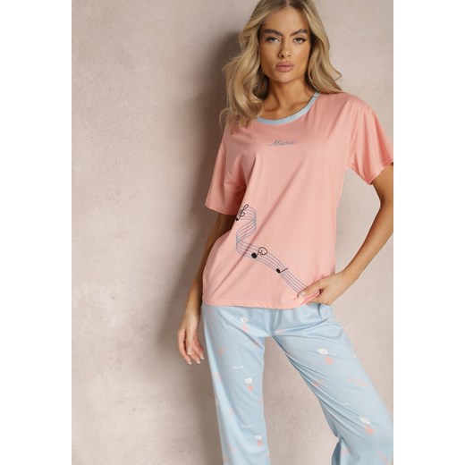 Różowy Komplet Piżamowy Góra z Nadrukiem i Spodnie o Prostym Kroju Rellina ze sklepu Renee odzież w kategorii Piżamy damskie - zdjęcie 169101770