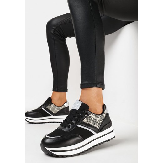 Czarne Sneakersy na Grubej Podeszwie z Brokatem i Materiałowymi Wstawkami Dinrila ze sklepu born2be.pl w kategorii Buty sportowe damskie - zdjęcie 169102621