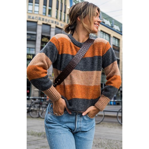 Sweter w pasy wielokolorowe BK071/4, Kolor brązowo-szary, Rozmiar L/XL, BE ze sklepu Primodo w kategorii Swetry damskie - zdjęcie 169124061