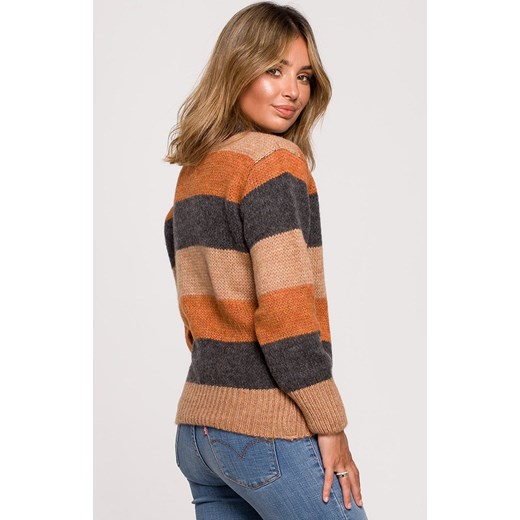 Sweter w pasy wielokolorowe BE BK071/4, Kolor brązowo-szary, Rozmiar L/XL, BE ze sklepu Primodo w kategorii Swetry damskie - zdjęcie 169124062