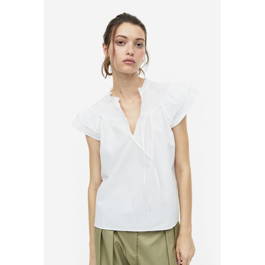 H & M - Popelinowa bluzka z falbankowym rękawem - Biały H & M M H&M