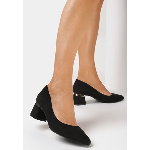 Czarne Czółenka z Ekozamszu z Wkładką ze Skóry z Ozdobną Metalową Wstawką 38 wyprzedaż born2be.pl