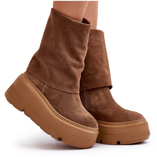 Zazoo 3410 Zamszowe Damskie Botki Na Masywnej Platformie Camel brązowe Zazoo 39 ButyModne.pl