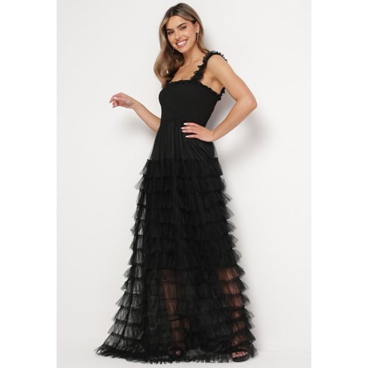 Czarna Długa Sukienka Koktajlowa z Tiulowym Dołem i Falbankami Bonnella ze sklepu Born2be Odzież w kategorii Sukienki - zdjęcie 169199870