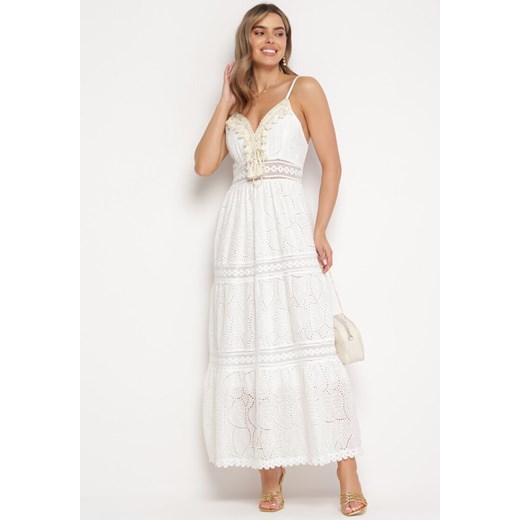 Biało-Beżowa Bawełniana Sukienka Maxi z Chwostami Przy Dekolcie Elella ze sklepu Born2be Odzież w kategorii Sukienki - zdjęcie 169199950
