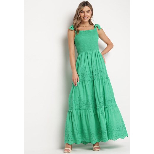 Zielona Bawełniana Sukienka Maxi z Ażurowego Materiału z Wiązanymi Ramiączkami Lariven ze sklepu Born2be Odzież w kategorii Sukienki - zdjęcie 169199962