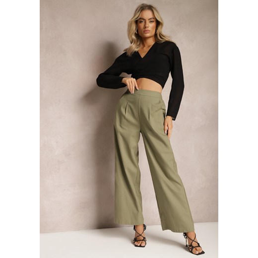 Zielone Szerokie Spodnie z Lnem z Gumką w Talii Airelttis ze sklepu Renee odzież w kategorii Spodnie damskie - zdjęcie 169206780