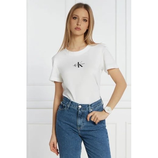 Bluzka damska Calvin Klein biała z napisami z krótkim rękawem z okrągłym dekoltem 