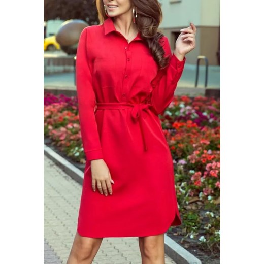 Sukienka czerwona IVET z paskiem szmizjerka z długimi rękawami 